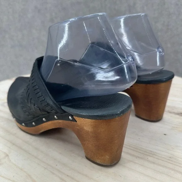 UGG Australia Black Leather Woven Whipstitch Wood Heel Studded Clogs Mules 8 - Picture 4 of 14